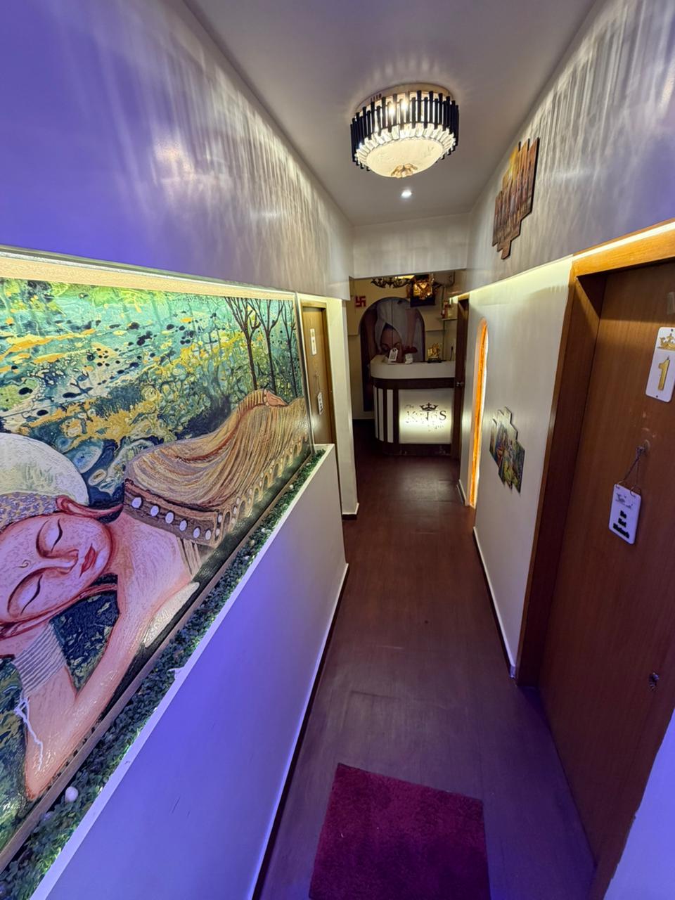Corridor with mural and soft lighting